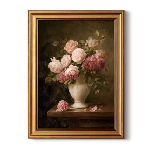 InSimSea Gold Framed Vintage Floral Wall Art, Pink Roses Vase Canvas Print | Rustic Farmhouse Flower Still Life Artwork for Walls, French Country Botanical Decor for Bedroom Living Room Dining Room - color: Pink Rose, size: 16"L x 12"W
