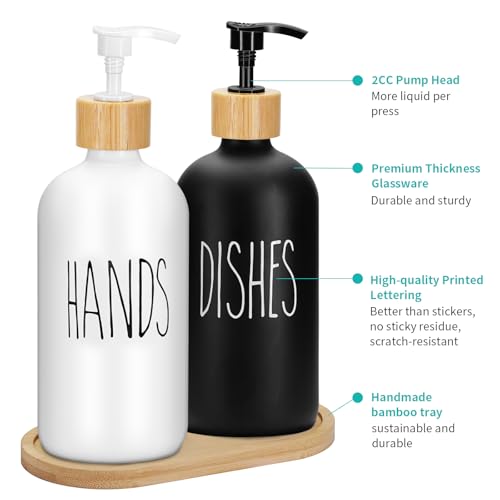 2 Pack 16 Oz Glass Soap Dispenser Set with Tray, Hand Dish Soap Dispenser Set for Bathroom and Kitchen Bottle Dispenser with Dish Soap, Hand Soap, Lotion (White（Hands） Black (Dishes)) - color: White（hands）black (Dishes)