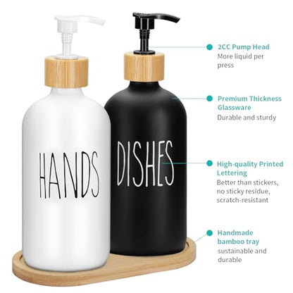2 Pack 16 Oz Glass Soap Dispenser Set with Tray, Hand Dish Soap Dispenser Set for Bathroom and Kitchen Bottle Dispenser with Dish Soap, Hand Soap, Lotion (White（Hands） Black (Dishes)) - color: White（hands）black (Dishes)