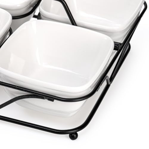 Pumtus Ceramic Divided Serving Dishes, 4 Removable Snack Bowls with Metal Stand, 9 Inch Appetizer Platter with Handle, Dip Bowls for Party, Condiment Serving Relish Tray for Chips & Dips, Nut, Candy