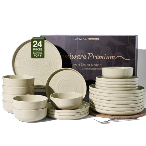 Stoneware Dinnerware Set for 8, White Honey Plates & Bowls | 24 pcs Speckled Spiral Coupe Dishes, Chip & Scratch Resistant Everyday Ceramics, Microwave & Dishwasher Safe, Farmhouse Style - color: White Honey, size: Service for 8 (24pc)