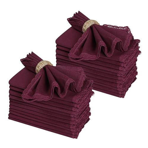 Ramanta Home Burgundy Linen Flax Cloth Napkins Set of 24, 18x18 Inches | Flax Lace Cotton Linen Reusable Decorative Scalloped Dinner Napkins with Mitered Corners for Weddings, Everyday Use - color: Burgundy, size: 18" x 18" (Set of 24)