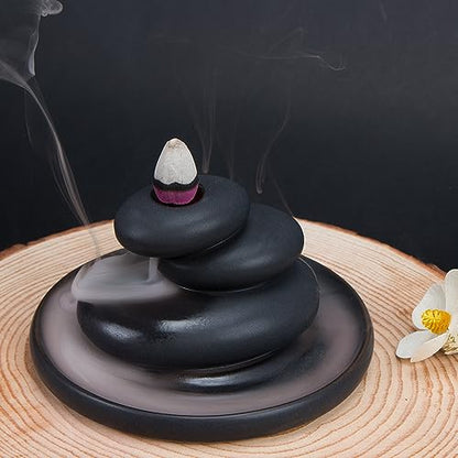 ZORZA Ceramic Zen Stone Backflow Incense Holder for Meditation Yoga | Waterfall Incense Burner,Zen Aesthetic,Black Rectangular Design,Tea Ceremony Decoration,Creating Serene Aromatic Atmosphere