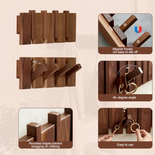 Wooden Coat Hooks Wall Mounted, Coat Rack Hanger Wall Mount with 4 Hooks, Heavy Duty Coat Hooks for Hanging Coats/Keys/Hats/Robe&Towels/Plants/Bags, Home Decor Gift, Walnut - size: 4 Hooks