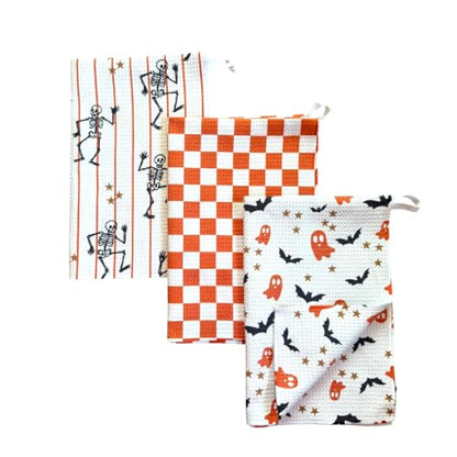 Kitchen Towels, Dish Towels for Kitchen, 3 Pc Kitchen Towel Set | Microfiber Waffle Towels, 16 x 26 inches, with Hanging Loops, Reusable Tea Towels, Cute Kitchen Towels - 3 Pack - color: Halloween Ghosts