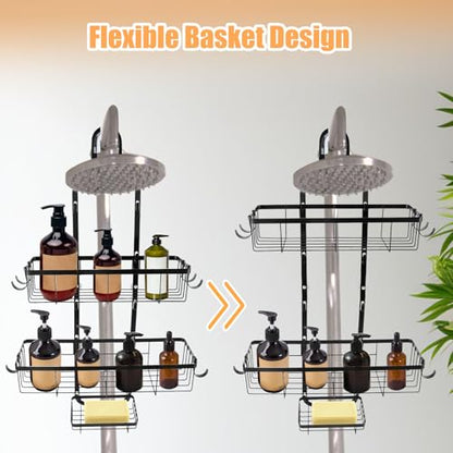 Bathroom Shower Caddy Hanging, Rustproof Waterproof | Metal, 6 Multi-Purpose Hooks, Storage Shelf, No Drilling Installation, Shampoo Soap Towel Organizer