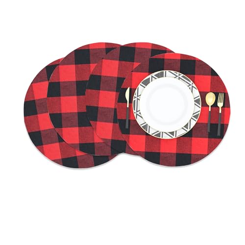 Red & Black Cotton Buffalo Check Round Placemat, Set of 4, 15 Inch eco-Friendly Fabric Handcrafted Machine Washable Indoor & Outdoor Tablemat - color: Plaids Red & Black, size: Round Placemats 15"