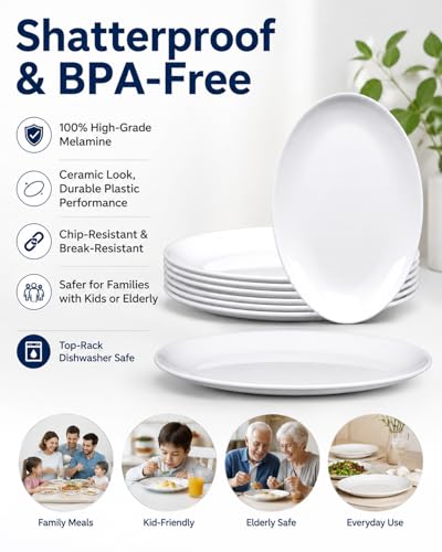 8-Pack Melamine Dinner Plates, 12 Inch Large Oval Serving Platters for Steak, Fish & Turkey, Shatterproof White Plastic Serving Trays for Party, Restaurant, RV Camping & BBQ - Dishwasher Safe