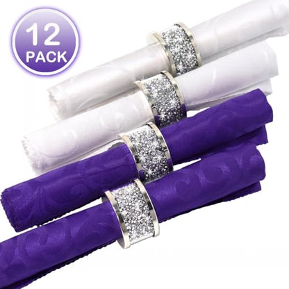 Silver Diamond Napkin Rings (Silver 12 Pack) | Crystal Glass Napkin Holder Glam Crushed Diamond Table Settings Bling Serviette Buckles Cloth Holder - color: Silver 12 Pack