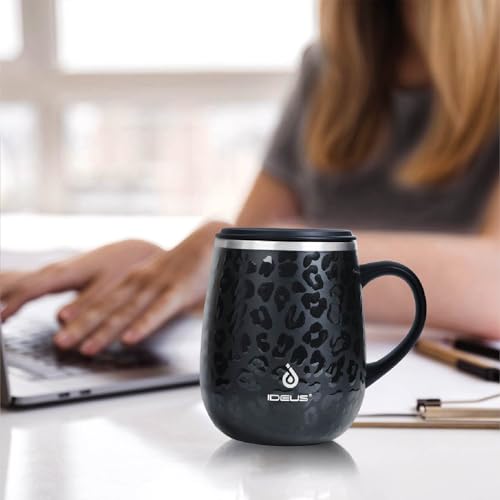 Ideus 16 oz Insulated Coffee Mug with Handle and Lid, Double Wall Stainless Steel Vacuum Thermal Coffee Mug, Travel Coffee Cup Thermal Cup for Home and Office (Leopard Black, FUJI DAWN) - color: Leopard Black