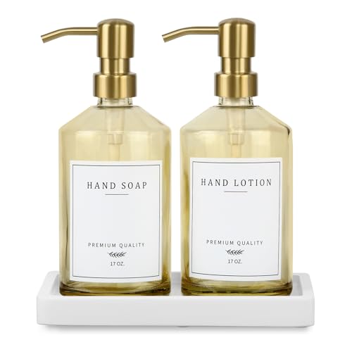 Dish Soap Dispenser for Kitchen, Glass Kitchen Soap Dispenser Set with Stainless Steel Pump, Modern Farmhouse Bathroom Decor & Accessories (Yellow Bottle/Gold Pump) - color: Yellow Bottle + Gold Pump