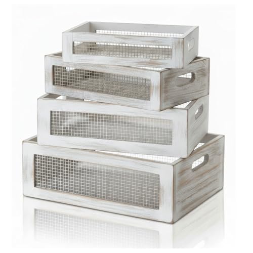 FillTouch 4 Pcs Wooden Nesting Countertop Baskets 4 Size Wooden Storage Box with Handle and Metal Wire Multipurpose Wood Organizer Crate for Fruit Vegetable Kitchen Cabinet Bathroom(White,Small) - color: White, size: Small