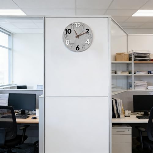 12-inch Silent Wall Clock, White-Gray | 3D Raised Numerals, Wooden Dial, Model: M-8845 - color: White-gray