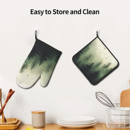 Giwawa Green Misty Forest Oven Mitts and Pot Holder Set of 2 Mountain Woodland Heat Resistant Kitchen Gloves Hot Pad for Baking Cooking Microwave - color: Green Forest