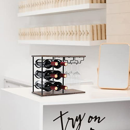 MOOACE Countertop Wine Rack, Wine Bottle Rack with Glass Holder | Freestanding, Holds 6 Bottles and 4 Glasses, For Home Bar Tabletop Kitchen Cabinet, Wood & Metal