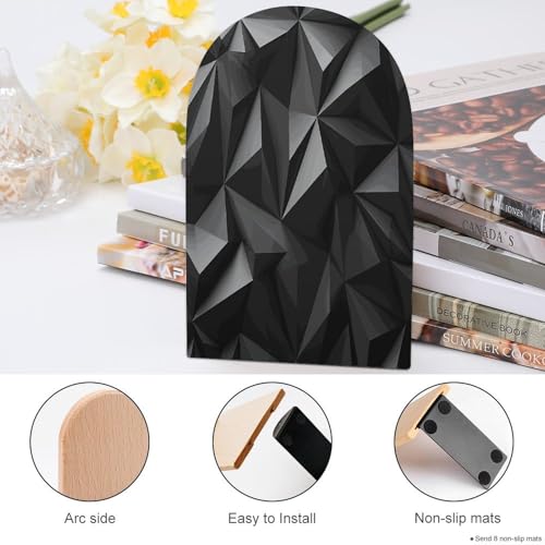 Personalized Black Geometric Book Ends for Shelves, Large Heavy Duty Wooden Bookends with Non-Skid Metal Base Book Holder Decorative Book Stopper for Home Office Supplies 1 Pair