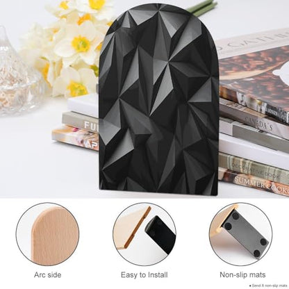 Personalized Black Geometric Book Ends for Shelves, Large Heavy Duty Wooden Bookends with Non-Skid Metal Base Book Holder Decorative Book Stopper for Home Office Supplies 1 Pair