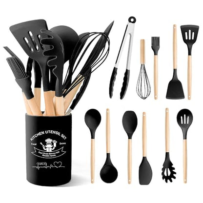 Kitchen Utensils Set Silicone Kitchen Utensils Set with Wooden Handle Utensils for Cooking Heat Resistant Silicone Non-Stick Cookware BPA FREE (Black) - color: Black
