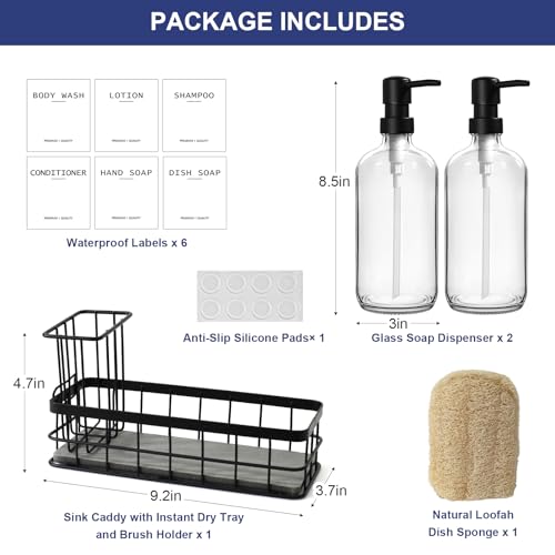 Dish Soap Dispenser for Kitchen, 16.9 fl oz Clear Hand and Dish Soap Dispensers, Kitchen Soap Dispenser Set with Sponge Holder, Brush Holder and Loofah Sponge, Countertop Sink Organizer Accessories - color: Clear