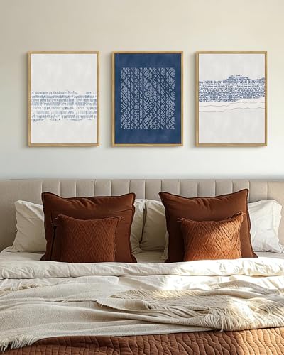 PHOPAGO Navy Blue Abstract Framed Wall Art Mid Century Minimalist Wooden Pastel Boho Wall Decor Modern Neutral Farmhouse Living Laundry Decor- 12x16in Natural Framed - color: Blue Mid Century, size: 16L" x 12W" x 3 Pcs Natural
