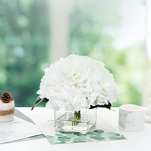 Silk Hydrangea Artificial Flowers in Vase with Faux Water, Silk Flower Arrangements in Vase for Wedding, Dining Table, Living Room (White) - color: White