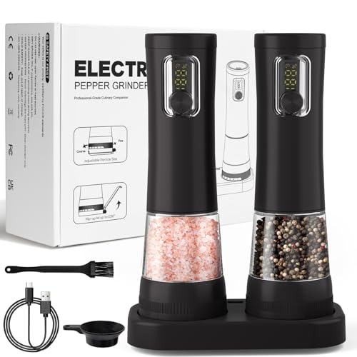 Electric Salt and Pepper Grinder Set, Rechargeable Automatic Pepper Mill,with Charging Base,5 Level,Display,LED Lighting,Large Capacity,Kitchen Gift - color: Black-A