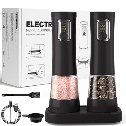 Electric Salt and Pepper Grinder Set, Rechargeable Automatic Pepper Mill,with Charging Base,5 Level,Display,LED Lighting,Large Capacity,Kitchen Gift - color: Black-A