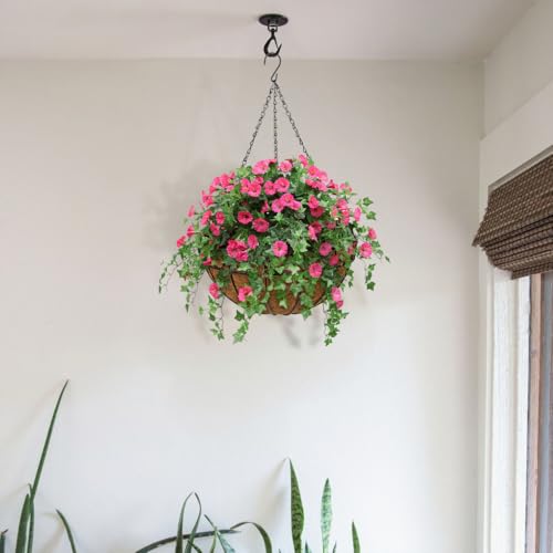 2 Pack 14 inch Metal Hanging Baskets for Plants, Round Metal Wire Hanging Basket Planter with Coco Fiber Liners Chain for Garden Home Porch Patio, Flower Border - size: 14" x 2 Pack, style: Flower Border