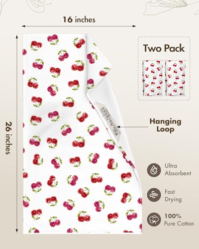 2pcs Cotton Waffle Kitchen Towels, Cherry | Waffle Weave, Terry Cloth, Pure Cotton, Sustainable, 16"x26", Highly Absorbent, with Hanging Loop, Giftable Package - color: Cherry