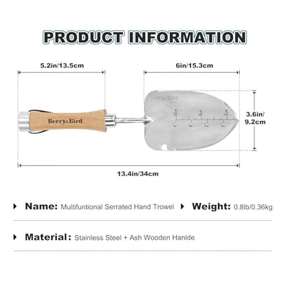 Berry&Bird Weeding Trowel, Multi- Use Hand Shovel with Serrated Blade Stainless Steel Garden Trowel Plus Size Potting Trowel with Wooden Handle for Transplanting, Digging, Measuring, Cutting Roots - color: Weeding Trowel