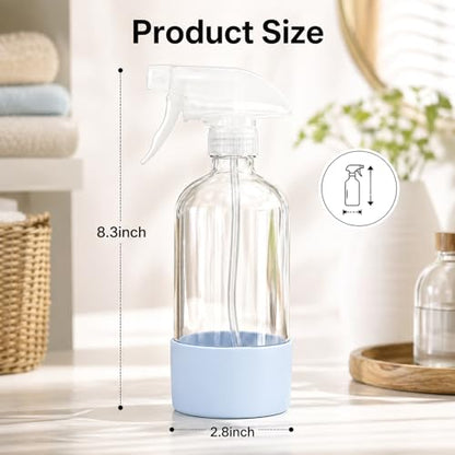 360° Glass Spray Bottles 16 oz for Hair Cleaning with Silicone Sleeve | 2 Pack Amber Refillable Containers with Adjustable Spray Nozzles, Empty Spray Bottles for Plant, Clear