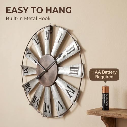 Mrocioa Windmill Distressed Metal Wall Clocks Rustic Large Decorative Clock Oversized Farmhouse Decor (24 inch Roman Numerals) - size: 24 inch Roman numerals