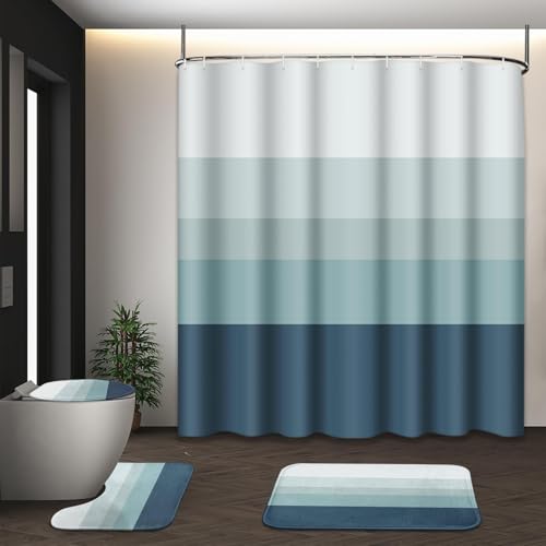 Bathroom Sets with Shower Curtain and Rugs, 4 Pcs, Striped Ombre | Minimalist Modern Neutral Bathroom Decor Set with Toilet Lid Cover, Non-Slip Bath Mats and Accessories 12 Hooks - color: Ombre Blue