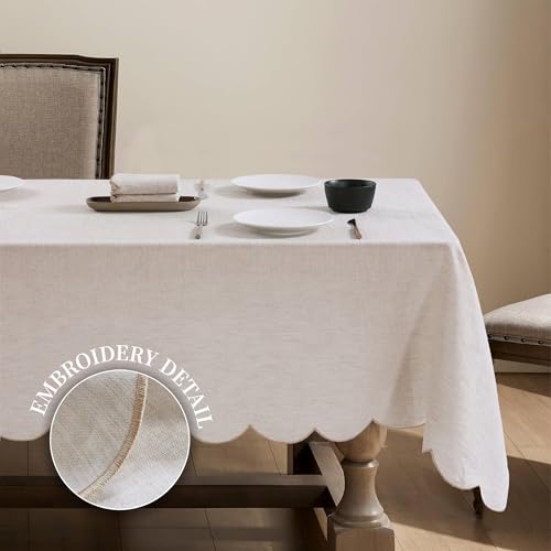 100% French Flax Linen Scalloped Embroidery Rectangle Tablecloths 108Lx60W Inch for Dinners, Parties, Spring, Machine Washable, 8-10 Sets, Linen(Edges-Gold) - color: Linen(edges-gold), size: 108" x 60" (Rectangular)