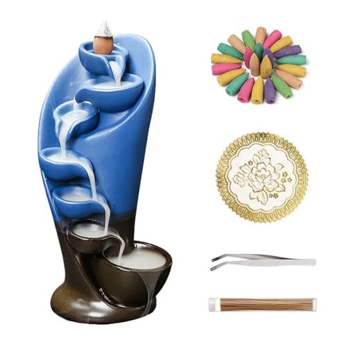YYW Backflow Incense Burner Holder Handmade Statue Decor Fountain Waterfall Incense Holder with 20 Backflow Incense Cones 30 Incense Sticks 1 Tweezer 1 Mat for Indoor Meditation Yoga (Navy Blue) - color: Navy Blue