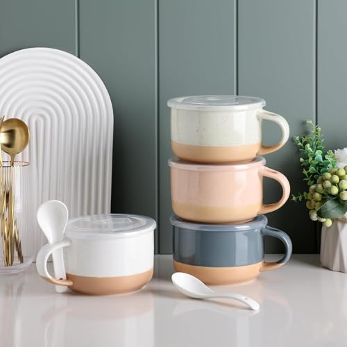 GBhome Ceramic Soup Mugs with Handles and Lids,24 OZ Soup Cups Set of 4 | Terracotta Underside,Mug Bowls with Spoon for Soup/Cereal/Salad/Noodles/Ramen/Microware &Dishwasher Safe - color: Multicolor-3