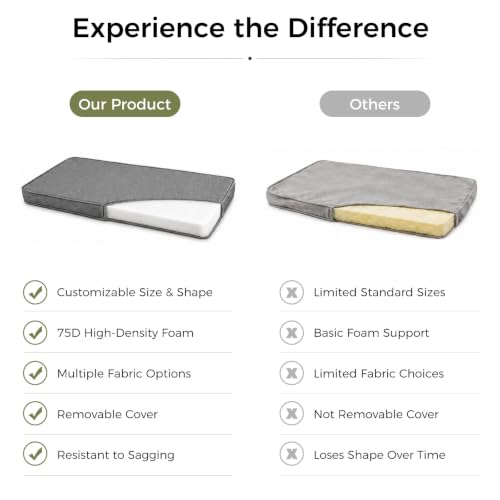 Custom Bench Cushion, Made-to-Order Custom Size Window Seat Cushion, High Density Foam, Waterproof for Indoor & Outdoor Use, Removable Washable Cover, Non-Slip Bottom with Ties