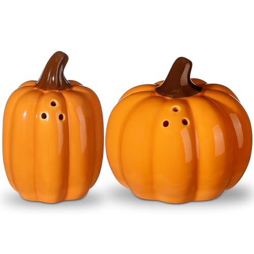 2 Pcs Fall Pumpkin Shaped Salt and Pepper Shakers 3 Inch Orange Ceramic Salt and Pepper Shakers Set for Halloween Autumn Thanksgiving Harvest Home Table Kitchen Decorations - color: Orange, style: Fall Pumpkin
