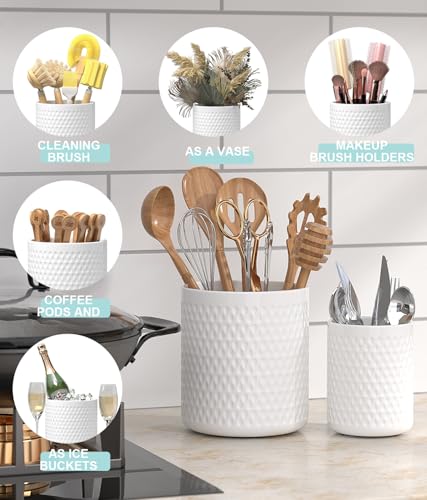 Ceramic Utensil Caddy, Cooking Utensil Holder for Kitchen Counter | 6.8 inch Large Spatula Holder, Farmhouse Kitchen Decor for Silverware Spoon Crocks 2PCK