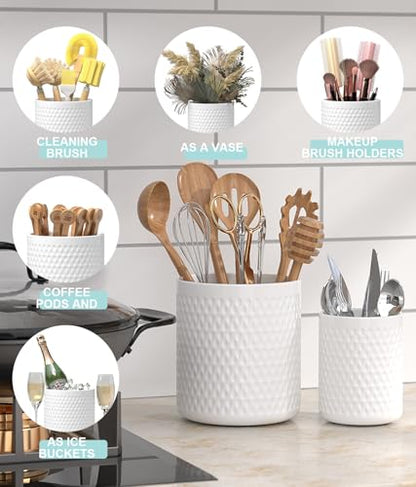 Ceramic Utensil Caddy, Cooking Utensil Holder for Kitchen Counter | 6.8 inch Large Spatula Holder, Farmhouse Kitchen Decor for Silverware Spoon Crocks 2PCK