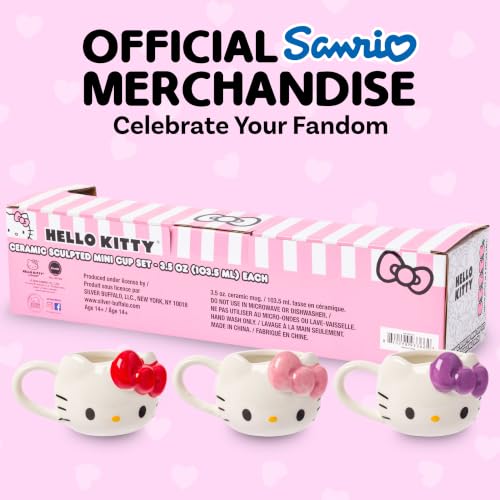 Silver Buffalo Sanrio Hello Kitty Bows, 3D Sculpted Mini Cup Set, 3.5oz | Different Color, Pack, Ceramic, Milk, Includes Handles, Perfect as a Sugar, Cream, 0.1 Liters - color: Hello Kitty With Handle