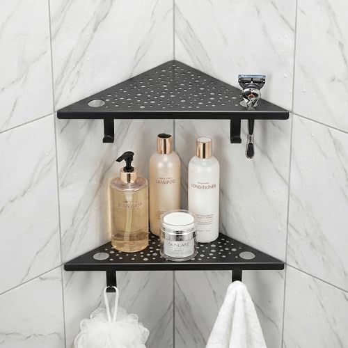 HIDROP Matte Black Corner Shower Shelves with Hooks and Razor Holes, 2 Pack | 4 Hooks & 4 Razor Holes, 10" Bathroom Corner Shelf, 1.5mm Thickened Stainless Steel, Fast Drainage, Tiled Shower Corner Shelf - color: Black