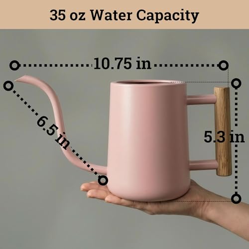 Metal Small Indoor Watering Can with Long Spout & Real Wood Handle, 35oz | Long Spout, Stainless Steel, Real Wood Handle, Gentle Flow, No Spills, Suitable for House Plants, Succulents & Seedlings - color: Pink