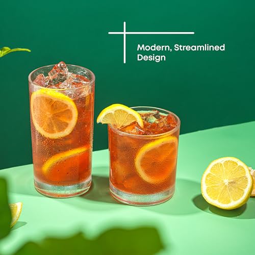 JoyJolt Alain Drinking Glasses Set of 8 Glass Tumblers. Highball 14oz Bar Glasses and Lowball 10oz Rocks Glasses Set. Cocktail, Juice, Whiskey Glasses or Water Glasses. Kitchen or Bar Glassware Set - style: Clear Glasses