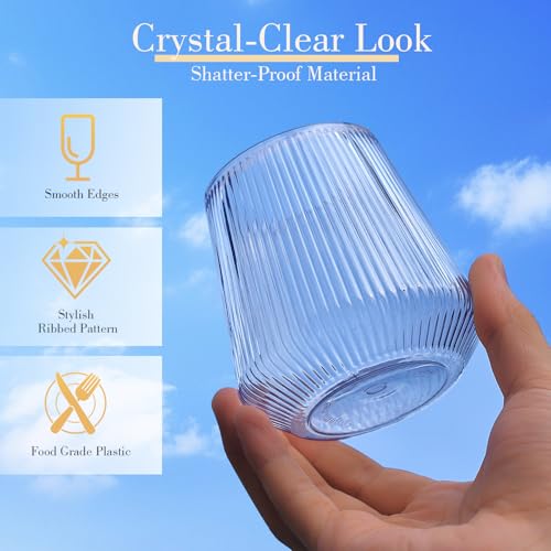 48 Pack Plastic Glasses – 24 x 9oz Stemless Champagne Flutes & 24 x 12oz Stemless Wine Glasses – Elegant Disposable Shatterproof Cup – BPA-Free Drinkware for Weddings, Parties (Clear Ribbed) - color: Clear Ribbed