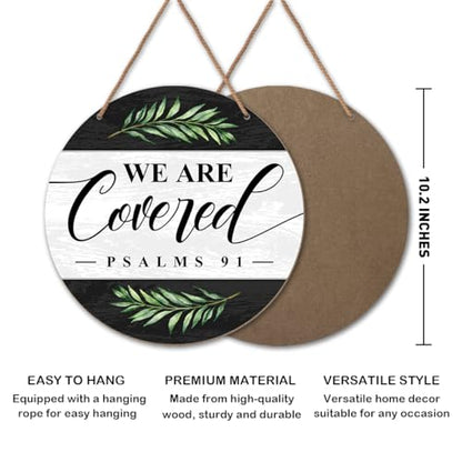 Christian Welcome Wood Hanging Sign Wall Decor for Home Front Door, We Are Covered Farmhouse Christian Bible Verse Wooden Sign Decorations for Home Entryway Living Room Bathroom Kitchen
