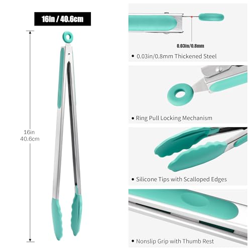 Doosu 16in Kitchen Tong for Cooking - 600°F Heat Resistant Food Tong with Non-Scratch Silicone Tips & 600°F Heat Resistant Silicone Spoon Spatula Set of 3 Cooking Spoons for Stir Mixing (Aqua Sky)