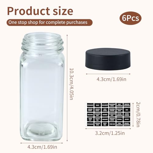 6 Spice Jars with Labels,4oz Empty Glass Spice Containers with Shaker Lids,Square Seasoning Bottles for Spice Rack, Drawer, Cabinet (6)