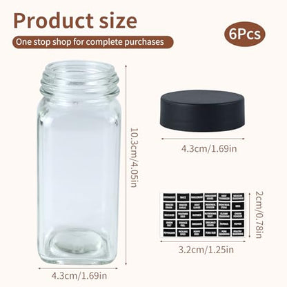6 Spice Jars with Labels,4oz Empty Glass Spice Containers with Shaker Lids,Square Seasoning Bottles for Spice Rack, Drawer, Cabinet (6)