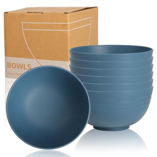 Wheat Straw Bowls Set 26oz, Alternative Blue Plastic Bowls Reusable | Cereal Bowls Set of 6, Microwave and Dishwasher Safe Salad Bowls, Kitchen Bowls for Indoors and Outdoors, Easy to Clean - color: Blue, size: 26oz
